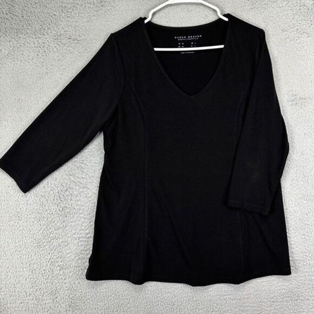 Susan Graver Blouse Shirt Womens Medium Black 3 Quarter Sleeve Top Casual Ladies